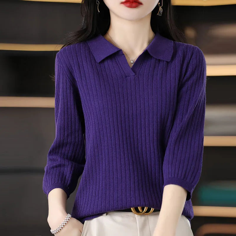 Women's loose slimming inner sweater with stripe pattern, long sleeves and pullover style, sizes S-2XL