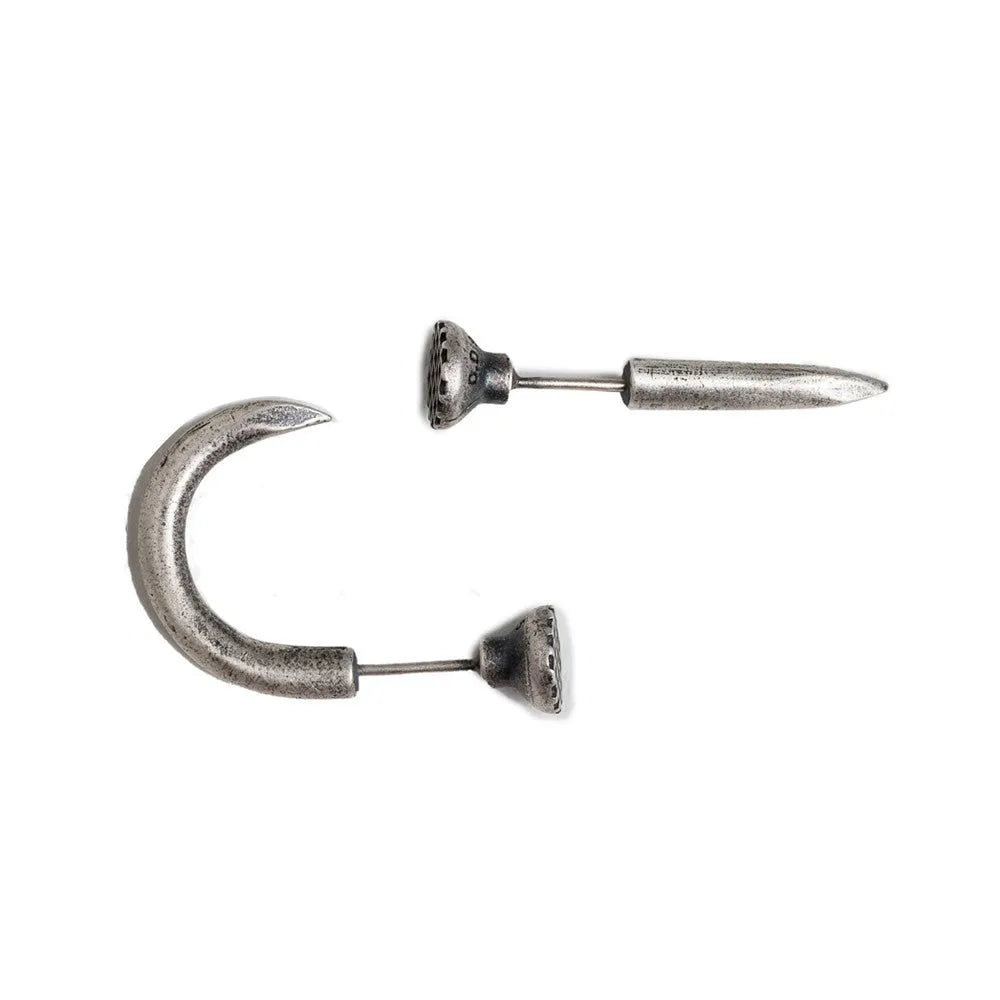 Sterling silver nail stud earrings showing straight and curved punk retro styles