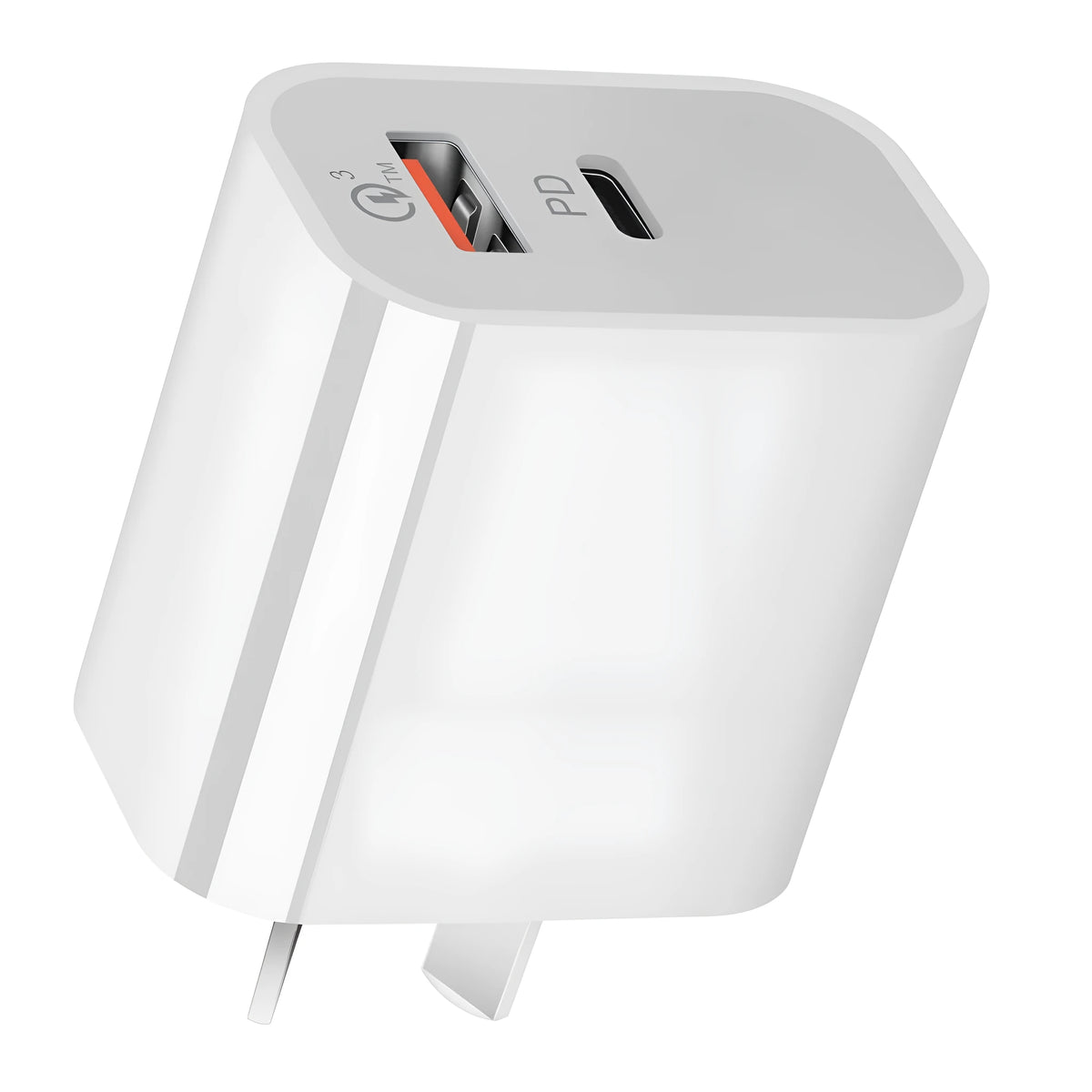White Australian Standard dual USB charger with AU plug showing USB-A and USB-C ports