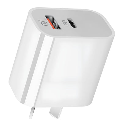 White Australian Standard dual USB charger with AU plug showing USB-A and USB-C ports