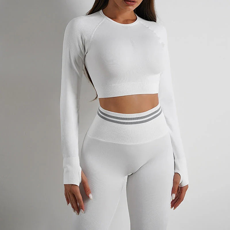 Seamless yoga leggings and long sleeve workout tops in various colors and styles