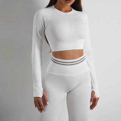 Seamless yoga leggings and long sleeve workout tops in various colors and styles