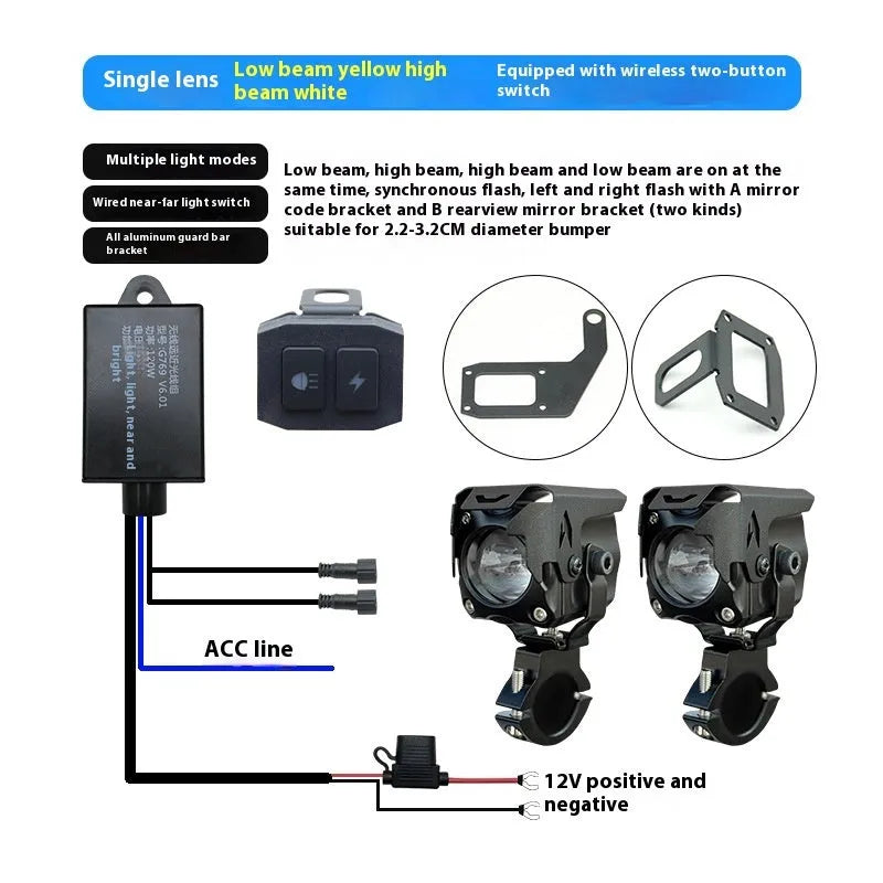 Motorcycle LED spotlight kit with wire group, mirror switch, mounting bracket, and cable ties.