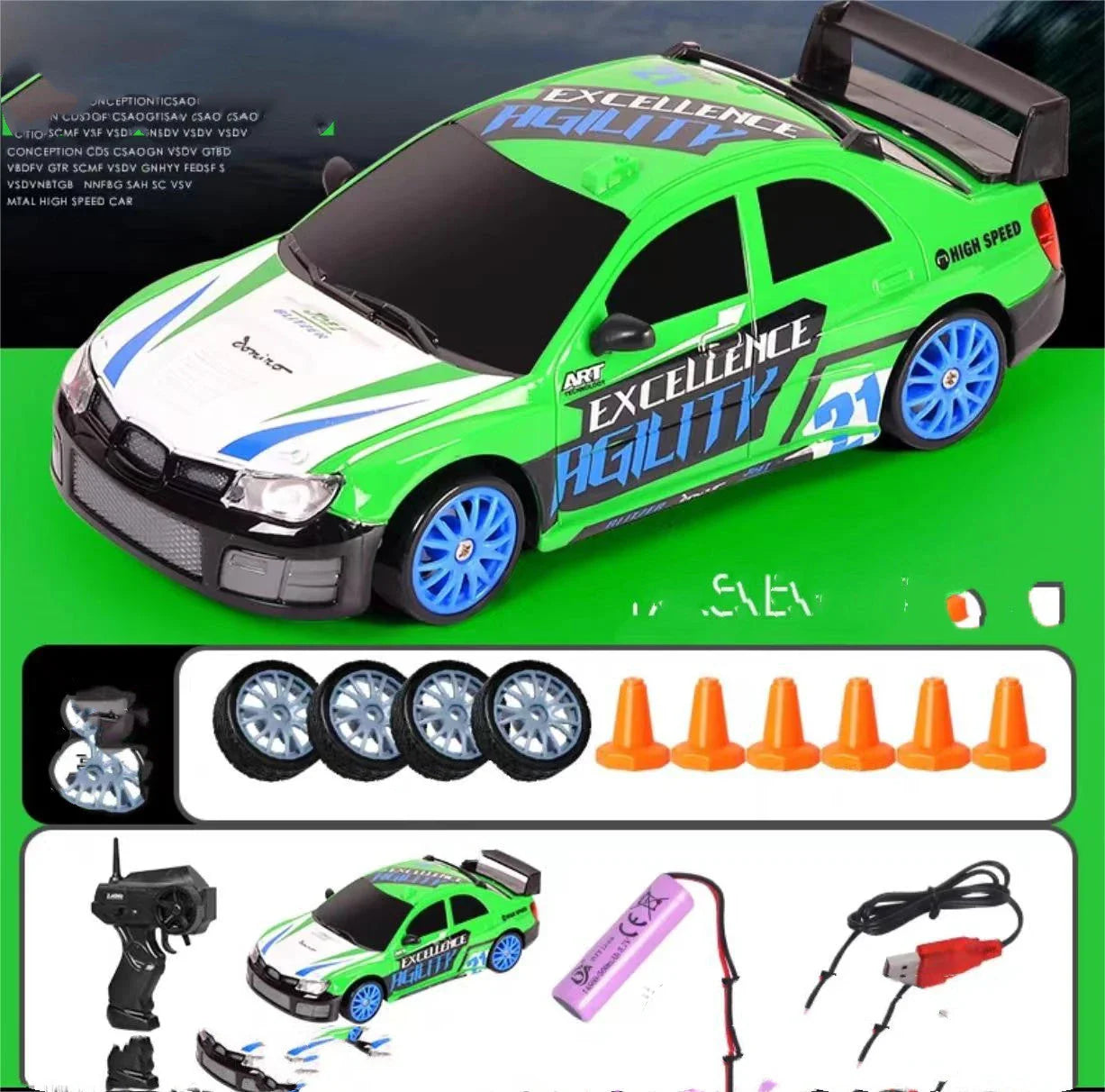 1:24 scale remote control drift car with powerful 4WD system, cool LED lights, and responsive 2.4 GHz remote for high-speed racing thrills