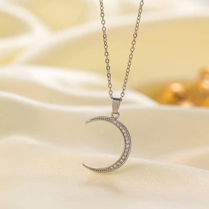 Titanium steel necklace for women with copper pendant, O-ring chain, gold or steel colour, heart or crescent moon design