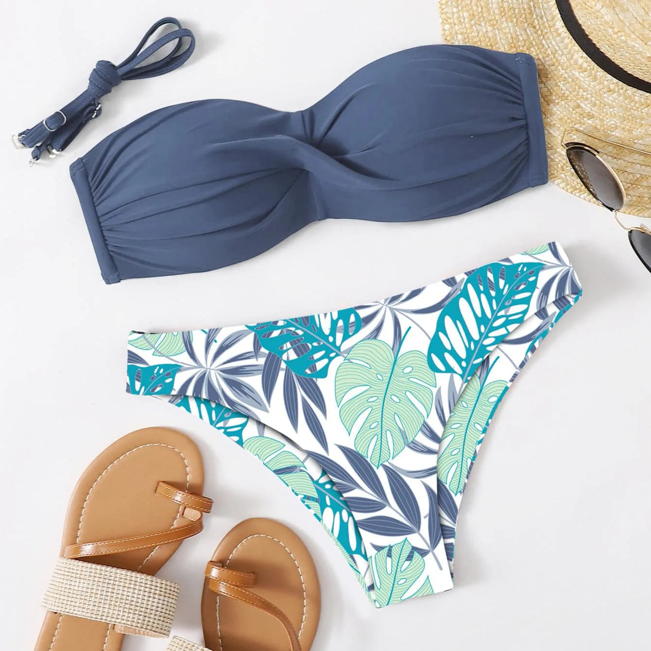 Green split push-up bikini swimsuit set with matching hard storage bag