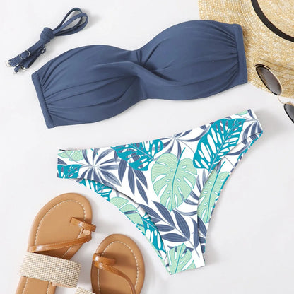 Green split push-up bikini swimsuit set with matching hard storage bag
