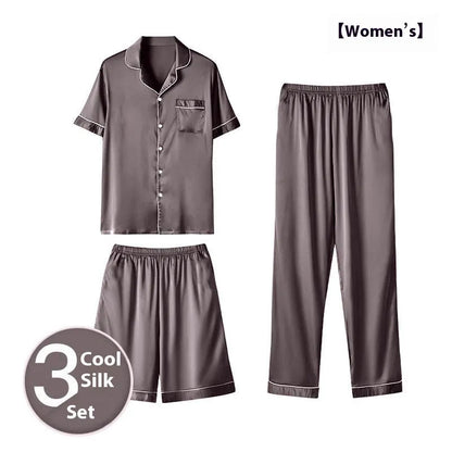 Men's ice silk three-piece home wear loungewear set showing shorts and trousers in a selected colour.