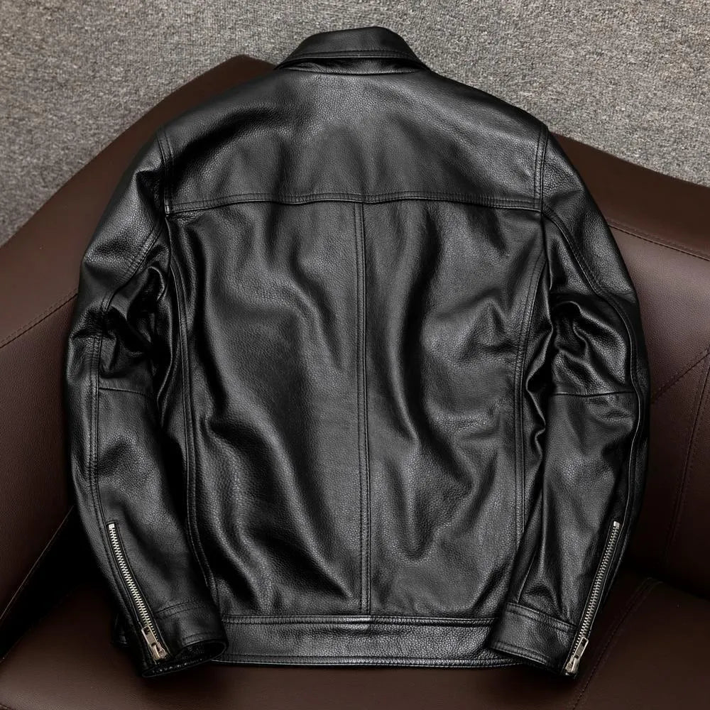 Retro Kaji style black PU leather jacket with lapel, loose fit, on a middle-aged male model.