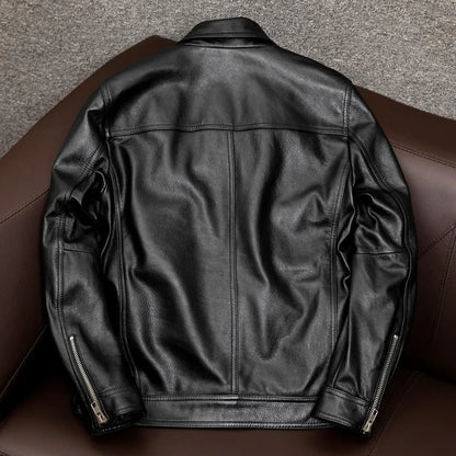 Retro Kaji style black PU leather jacket with lapel, loose fit, on a middle-aged male model.