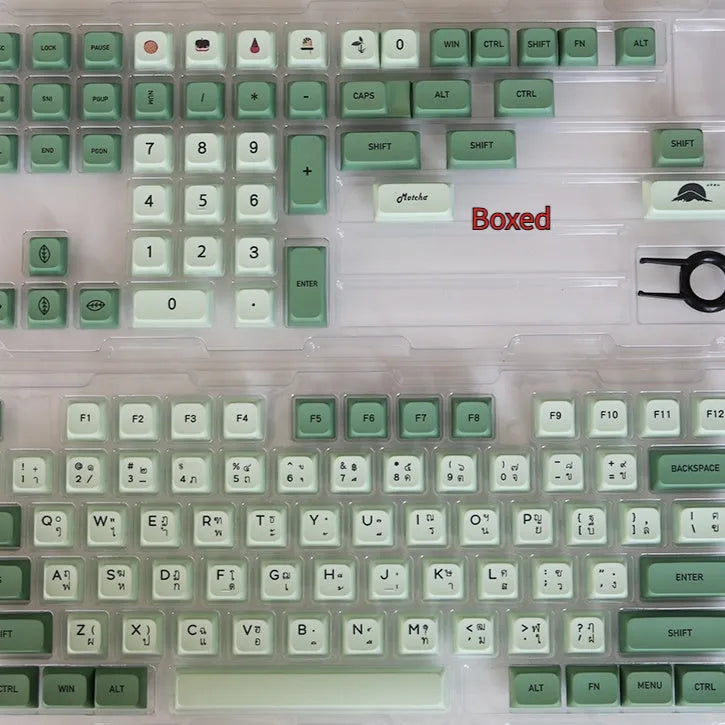Matcha-themed PBT keycap set with 124 keys and dye-sublimated legends in multiple languages