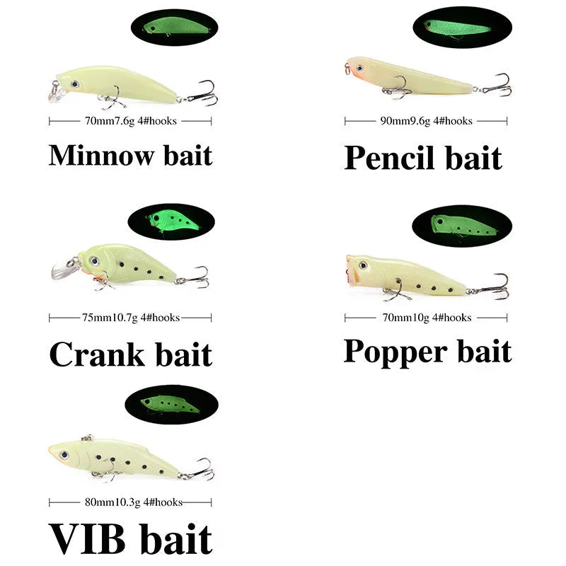 Set of five 3D fluorescent simulation luminous hard bait fishing lures with realistic fish appearance