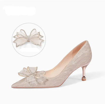 Champagne gold sequined stiletto heels with crystal decorations and pointed toe for wedding banquets