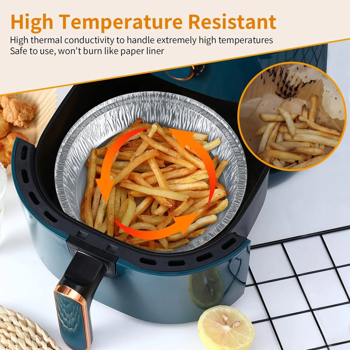Round disposable aluminium foil liners for air fryers in four different sizes on a kitchen counter.