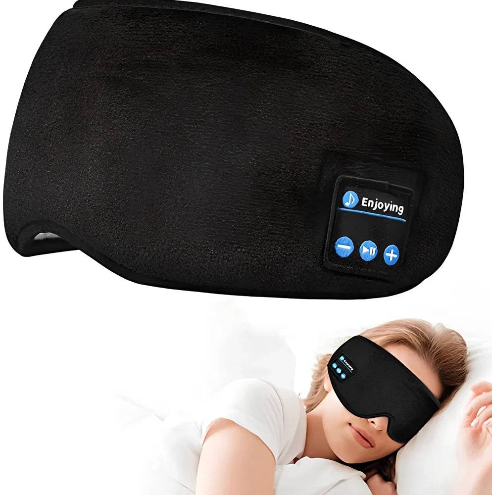 Black Bluetooth eye mask with memory foam padding and adjustable headband for light blocking and audio