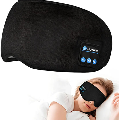 Black Bluetooth eye mask with memory foam padding and adjustable headband for light blocking and audio