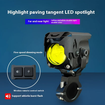 Motorcycle LED spotlight kit with wire group, mirror switch, mounting bracket, and cable ties.