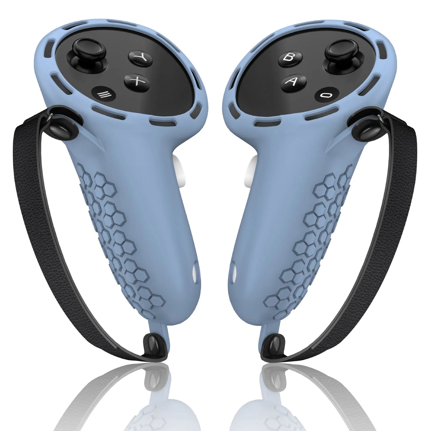 Silicone protective sleeve on a Meta Quest 3 VR controller handle in multiple colour options.