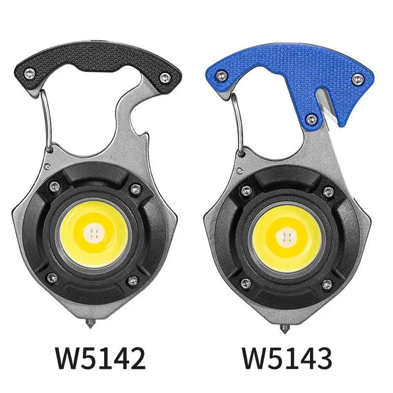Multifunctional keychain flashlight with window breaker and screwdriver, showing Type-C charging port and LED display.