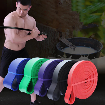 Fashion fitness stretch resistance band showing 2080mm length and multiple width options from 12mm to 45mm