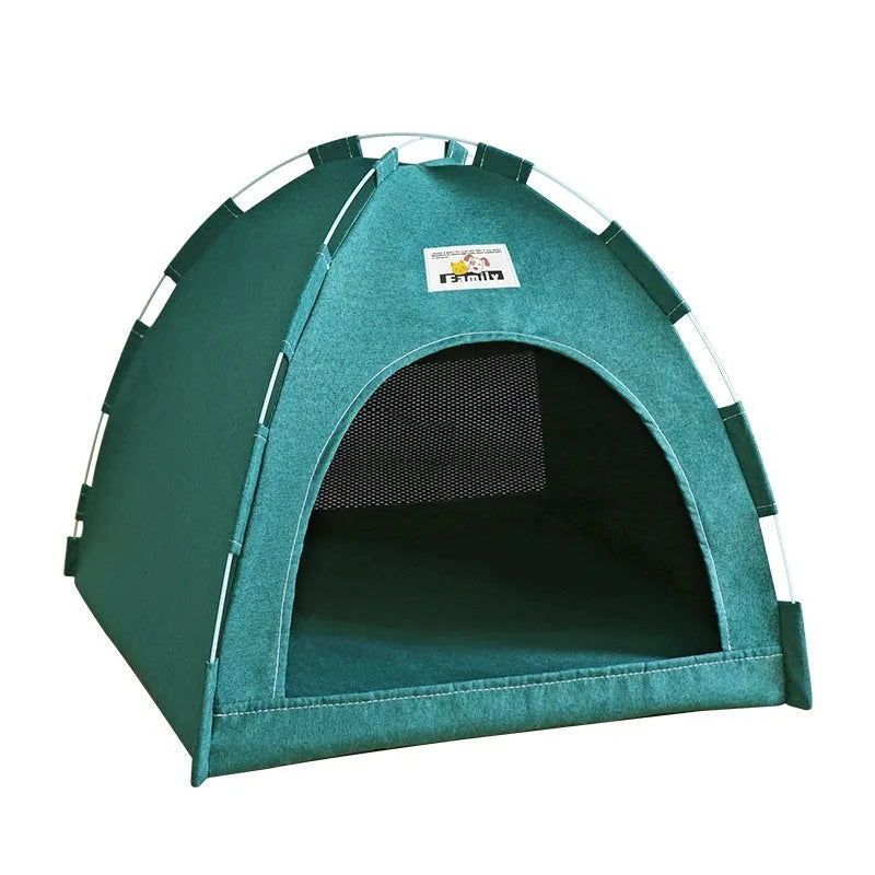 Grey linen-like fabric tent pet bed for cats and small dogs, showing enclosed design with removable cover.