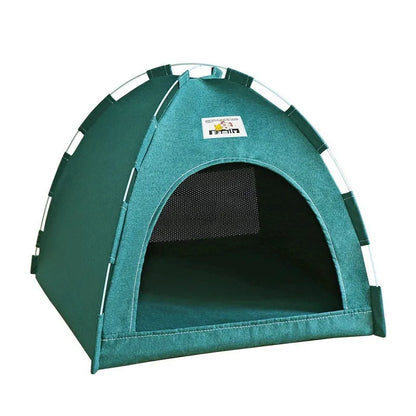 Grey linen-like fabric tent pet bed for cats and small dogs, showing enclosed design with removable cover.