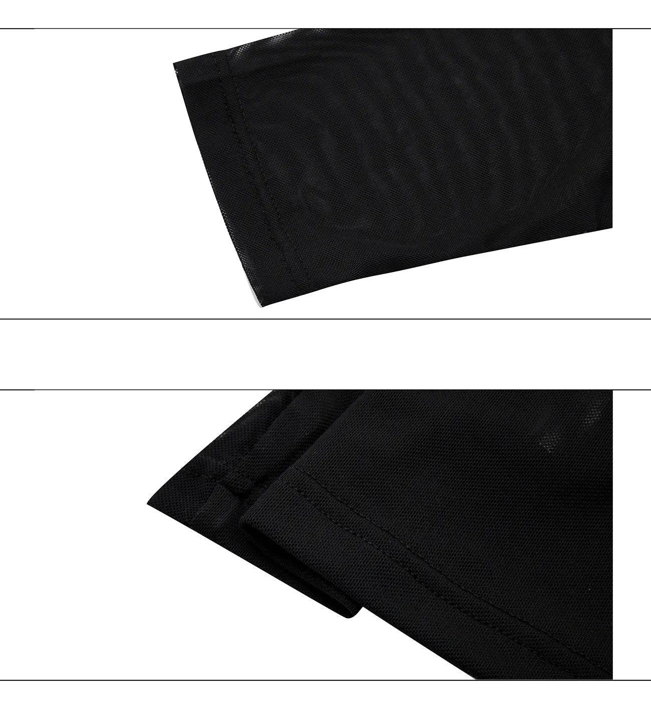 Black and white long sleeve slim fit mesh bottoming shirt laid flat.