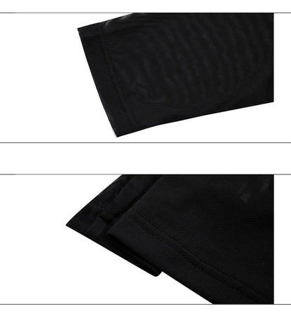Black and white long sleeve slim fit mesh bottoming shirt laid flat.