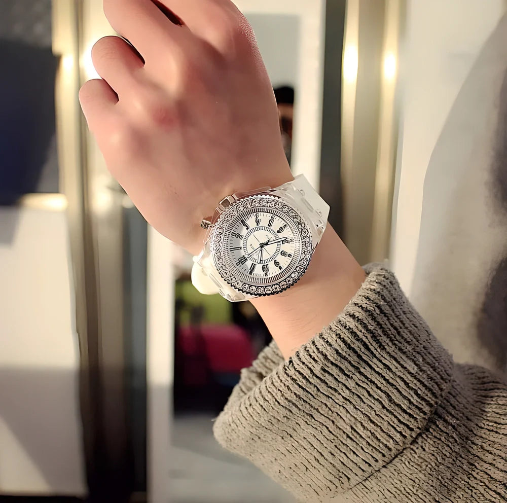 A captivating unisex watch with a flashing rainbow of 7 LED colours and a rhinestone-encrusted alloy case