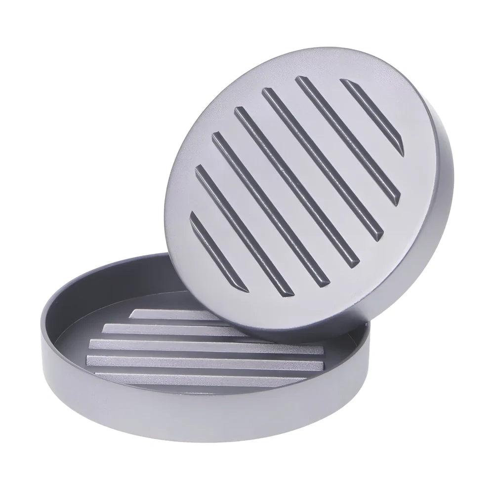 Aluminium burger press with base and handled plate for 1cm thick patties