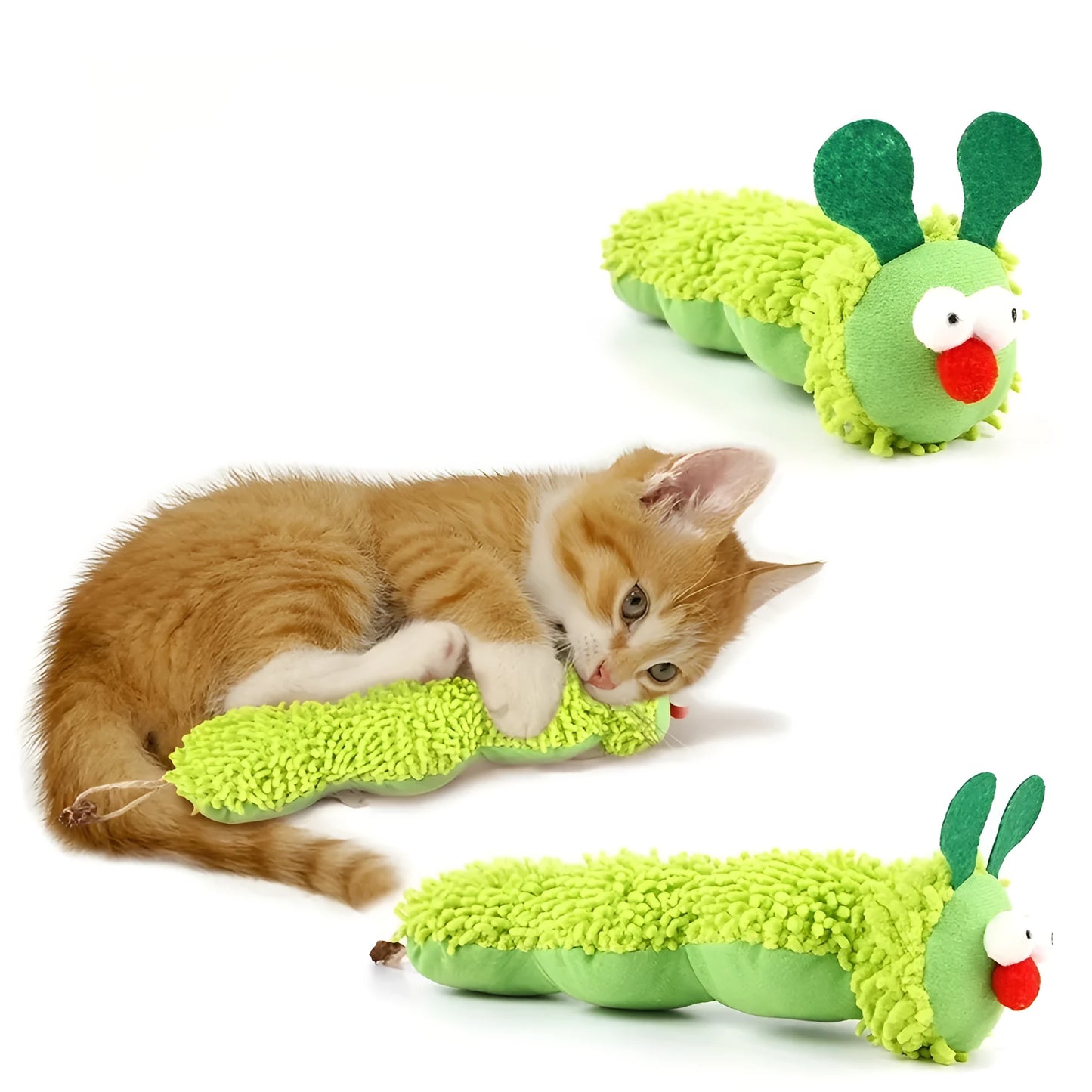 Green interactive plush cat toy pillow with attachable sports cat toys for no-battery play