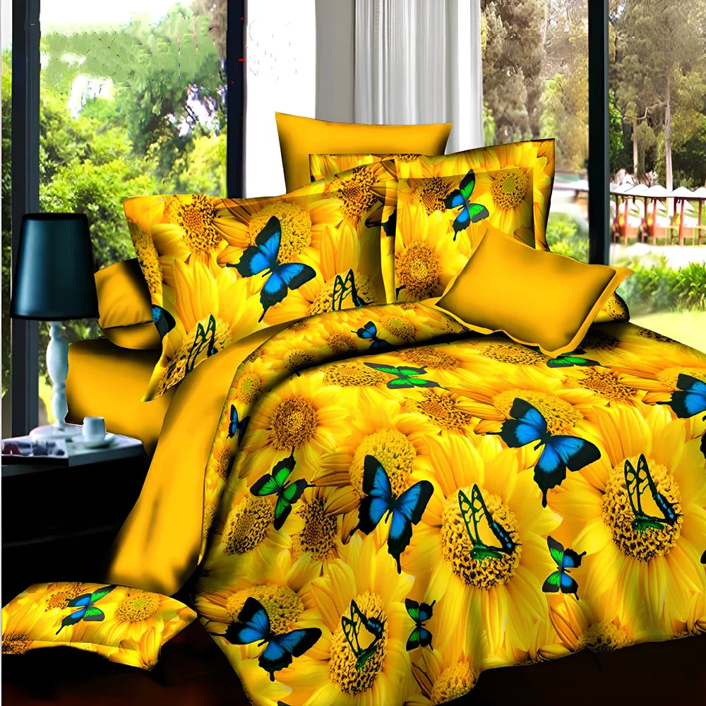 Brushed 3D floral four-piece bedding set in A Blue, showing 200x230cm quilt cover with raised pattern and matching pillowcases