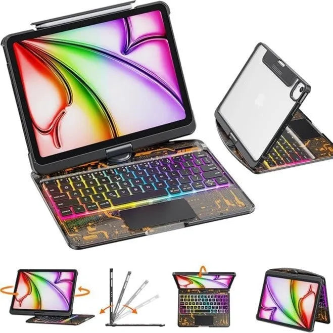 Transparent rotating keyboard case for iPad Air 5 with detachable Bluetooth keyboard open.