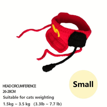 Handmade knitted cotton sweater and chef hat costume on a small cat or dog