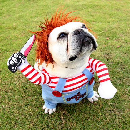 A spooky and adorable Halloween costume for dogs, featuring a menacing mask, ominous accessories, and adjustable design for a comfortable fit.