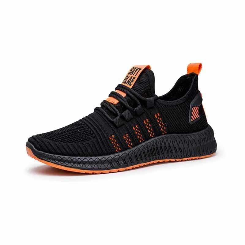 Men's sports casual shoes with Flying Weave upper material and injection-moulded EVA sole, low-top design with round toe and cross-strap detailing, available in black, orange, and yellow colours for Korean-style streetwear and everyday wear.