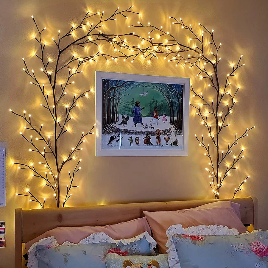 Flexible LED vine garland with bendable branches and 144 warm white lights for room decor