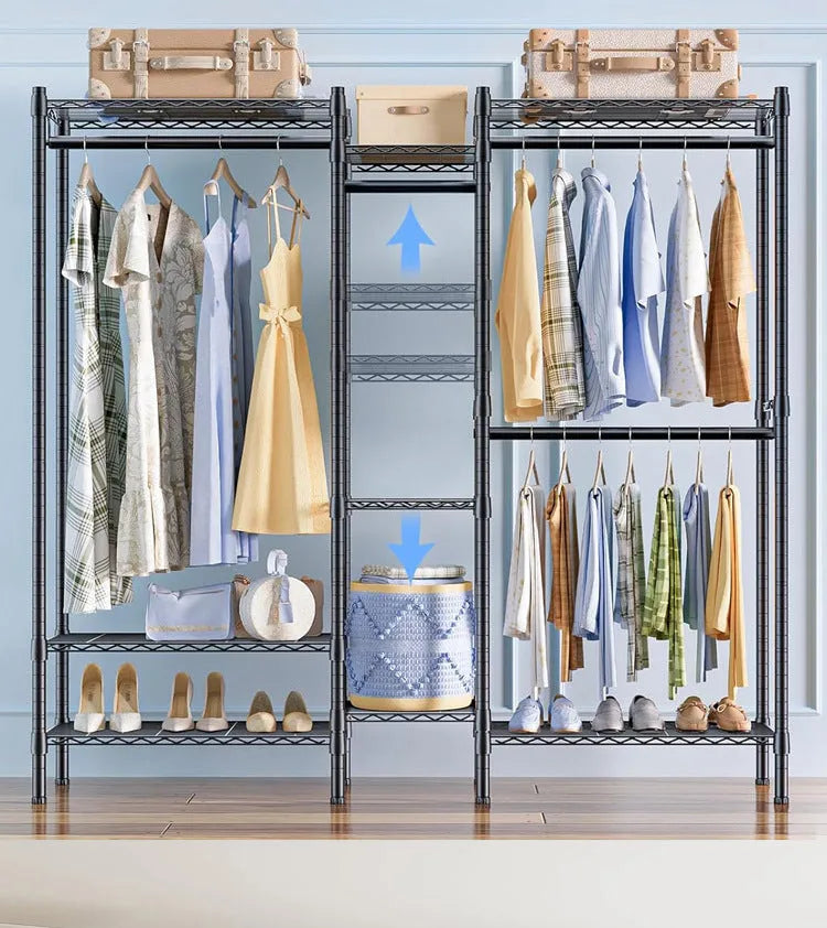Black metal freestanding storage rack for clothes, trousers, and ties organisation