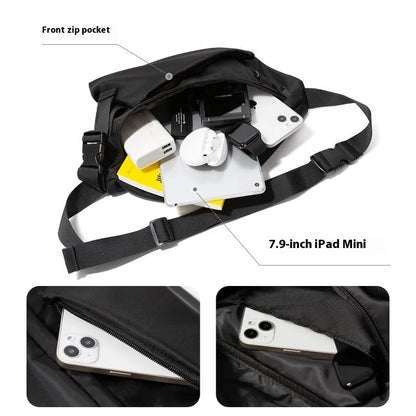 Black men's slanted chest bag with sewing line detailing and 8-inch Oxford fabric construction
