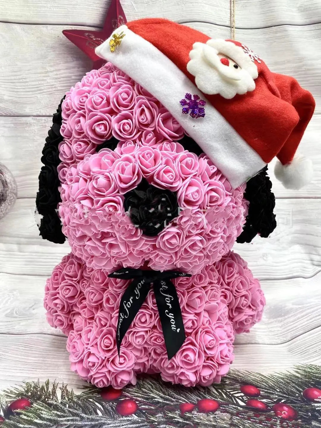 40cm tall plastic rose bouquet with grey pug dog centrepiece and soap flower elements