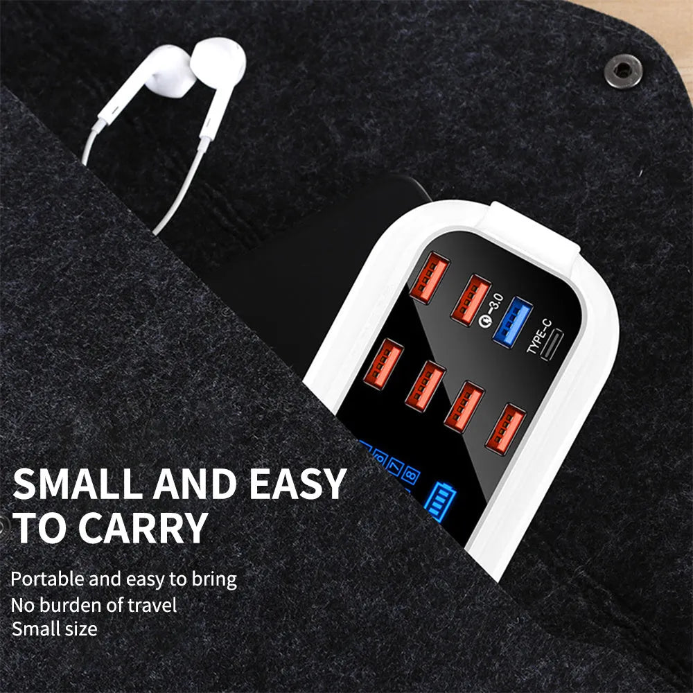 Ceramic white smart USB charger with digital display and multiple ports including QC3.0 fast charging