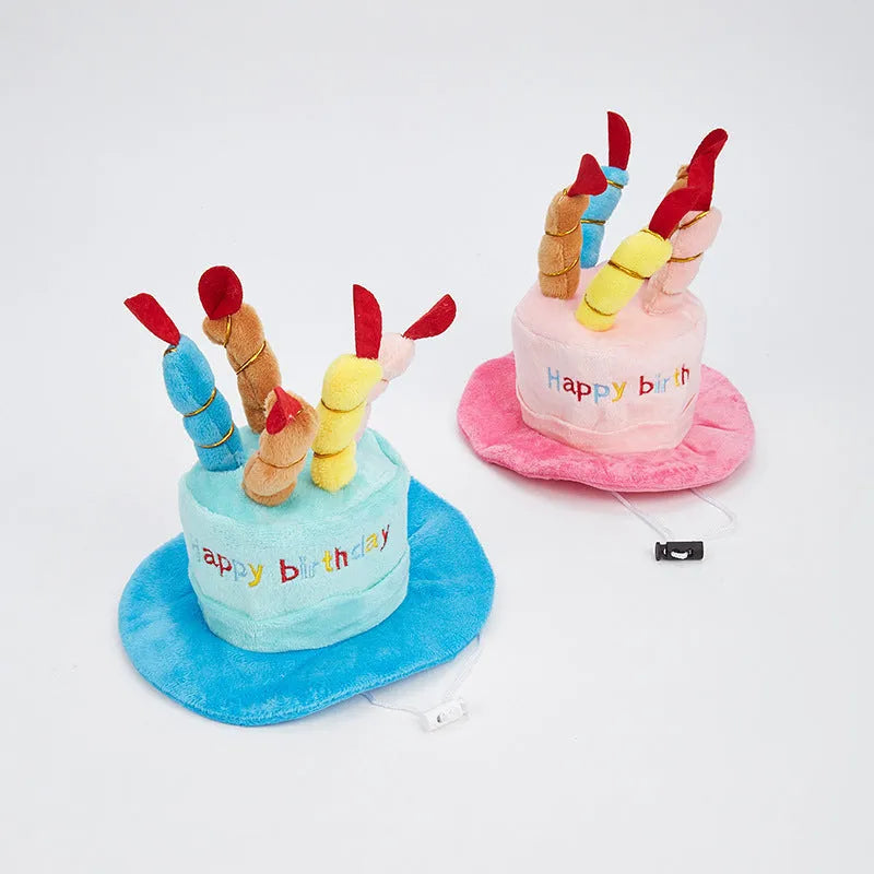 Dog birthday hat for small to medium toy dogs, cute party accessory measuring 21cm wide by 15cm tall by 6.5cm deep, weighing 50g, available in blue or pink for pet birthday celebrations and photo props
