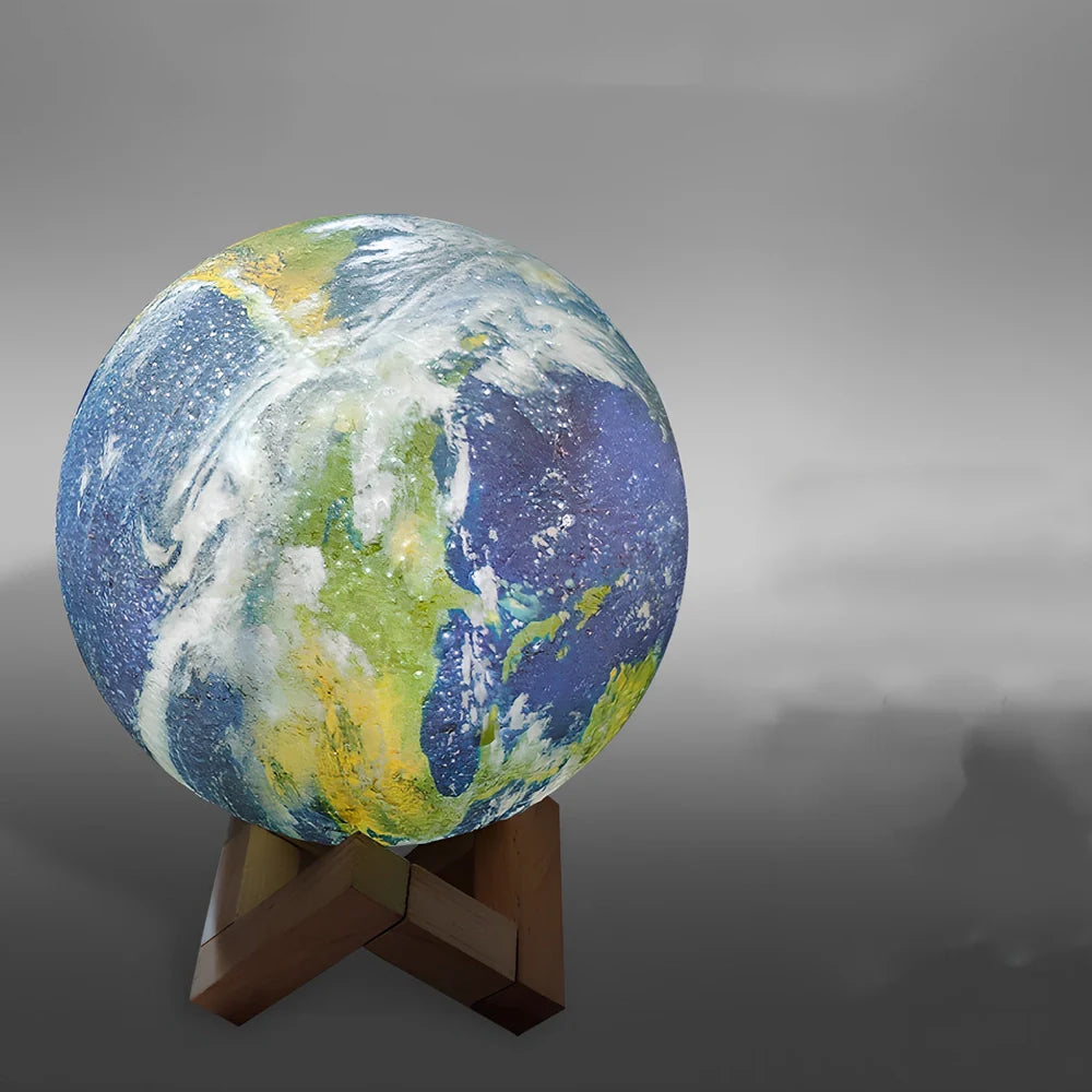 3D printed Earth lamp showing mountain details on 15cm spherical night light with LED illumination