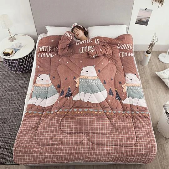 Cozy heated blanket with sleeves for comfortable lounging and hands-free relaxation