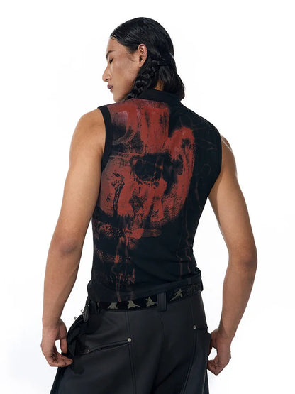 Black half turtleneck sleeveless t-shirt with character pattern printing on slim-fit cotton cloth