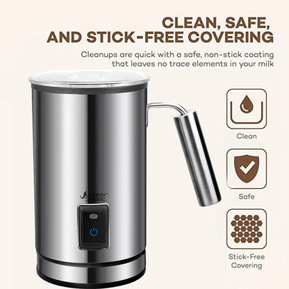 Electric Milk Frother in silver with stainless-steel body for coffee and cappuccino