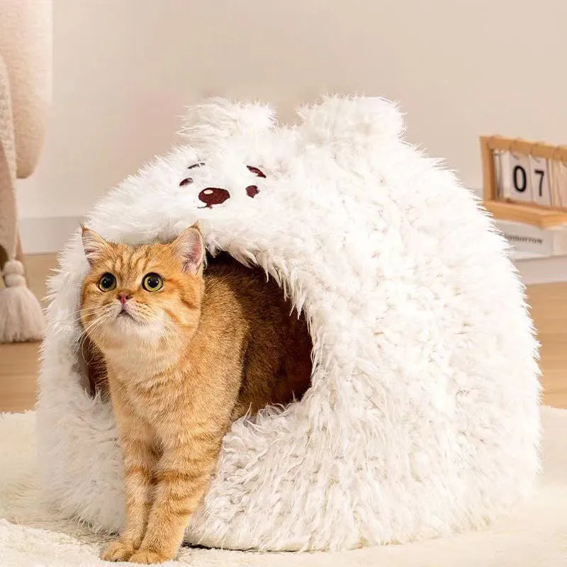Semi-enclosed yurt-style cat litter kennel tent with plush fleece lining and animal print cover