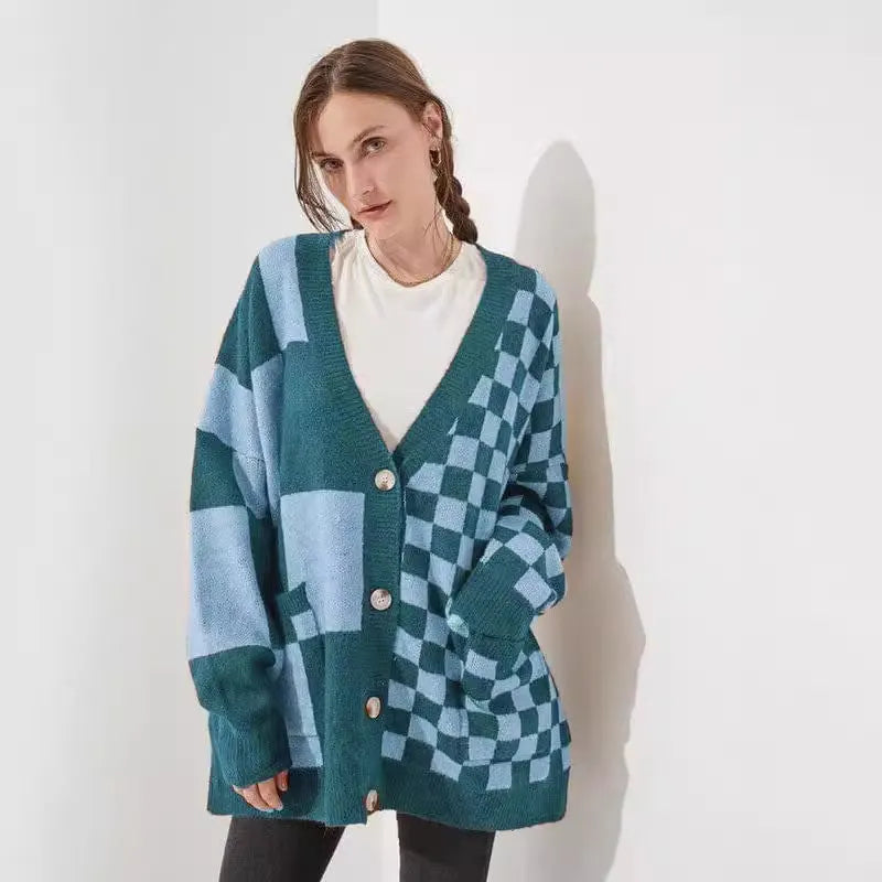 Loose fit knitwear cardigan with printed check pattern in wine red colour showing regular sleeves and slim styling