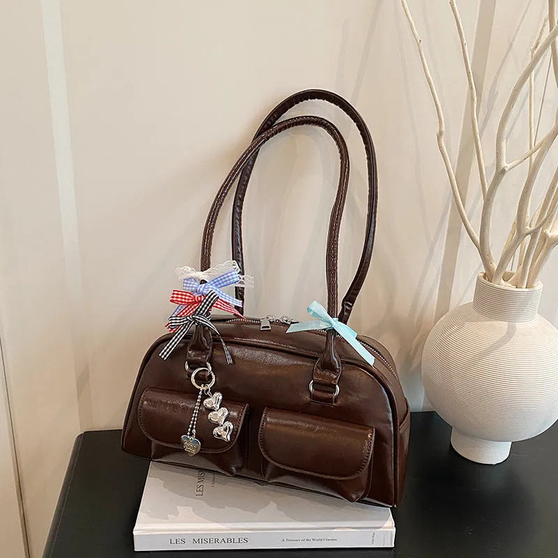 Women's leather handbag pillow bag PU material double shoulder strap flap closure one shoulder underarm retro style autumn winter accessory in black brown or red with optional pendant decoration