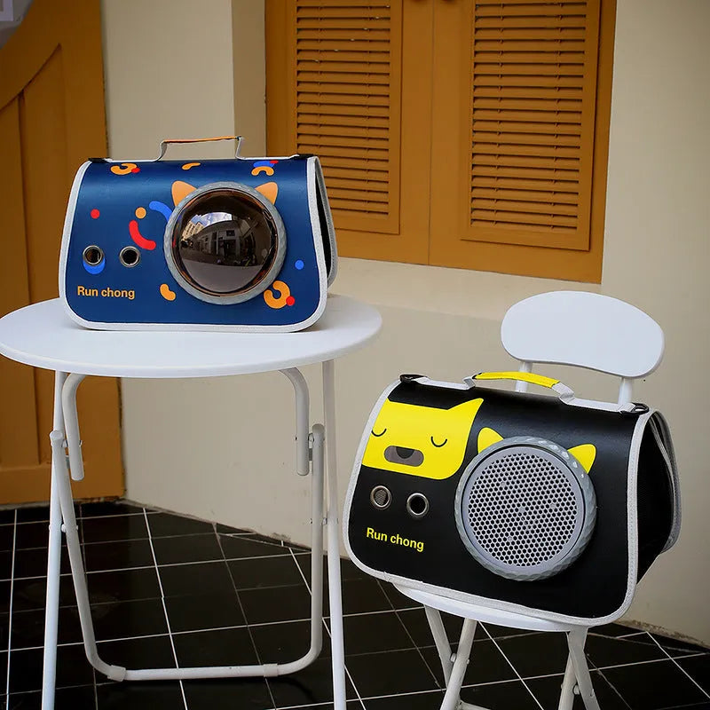 Transparent nylon pet carrier bag with cartoon pattern and 12kg capacity for small pets